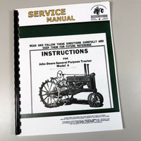 SERVICE OPERATORS MANUAL for JOHN DEERE A UNSTYLED TRACTOR GENERAL PURPOSE OWNER